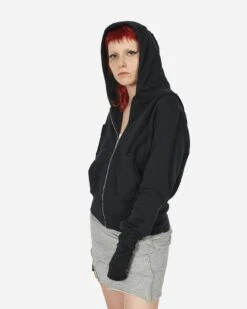 Fraying Detail Zip Up Hooded Sweatshirt Black