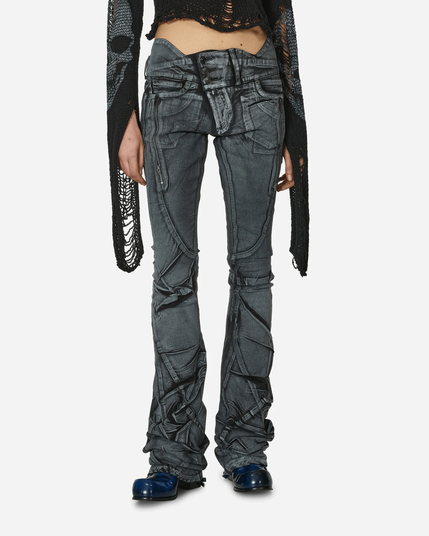 Big Waistband Drape Denim Pants Black / White 3 Big Waistband Drape Denim Pants Black / White