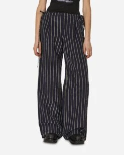 Stripe Wide Leg Drawstring Pants Navy